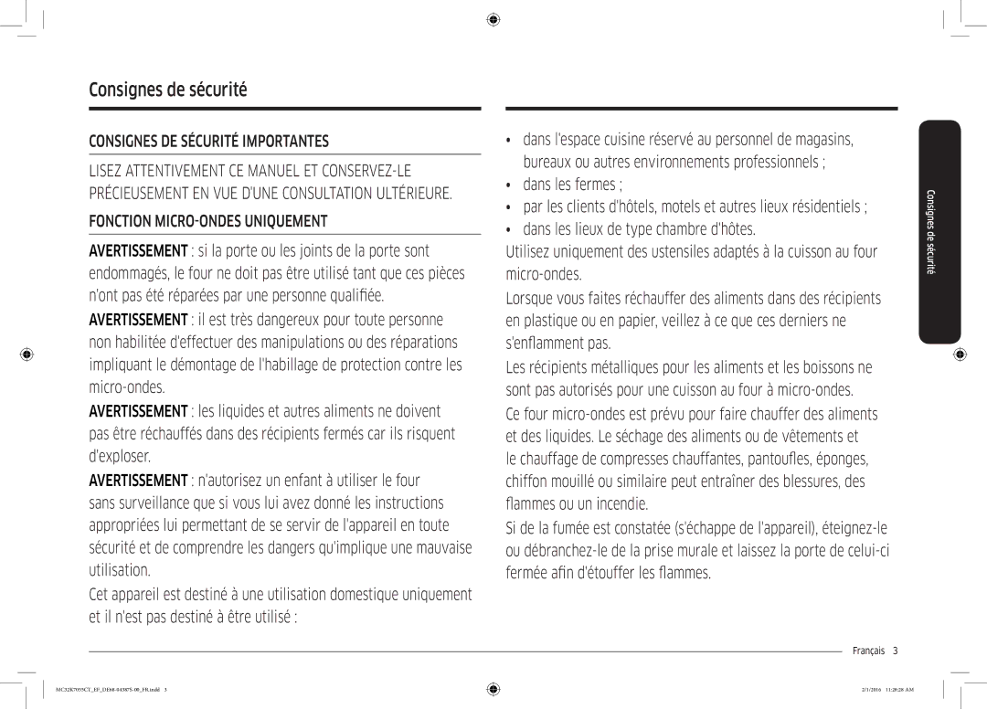 Samsung MC32K7055CK/EF, MC32K7055CW/EF manual Consignes de sécurité, Français  